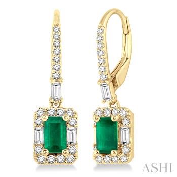 14 Karat Yellow Gold 5X3 mm Emerald And Diamond 0.50 Ct Leverback Earrings