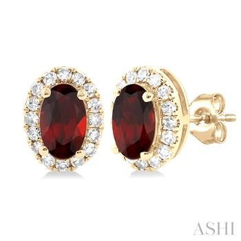 10 Karat Yellow Gold 5 X 3 Oval Garnet Single Cut Round Diamond Halo Earrings 0.14 Ct