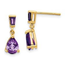 14 Karat Yellow Gold Pear And Baguette Cut Amethyst Dangle Earrings
