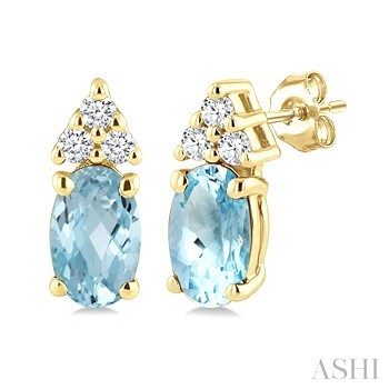 10 Karat Yellow Gold 5 X 3 Oval Aquamarine And Diamond Earrings 0.05 Ct