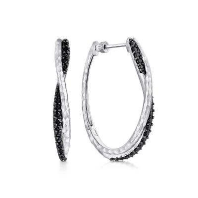 Gabriel & Co Sterling Silver Black Spinel 1.07 Ct Hammered Twisted Oval Hoops