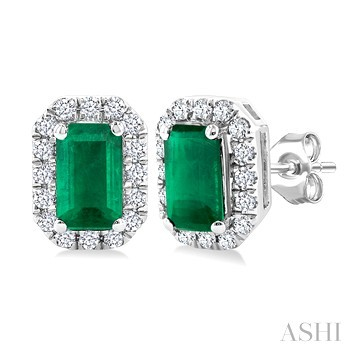 10 Karat White Gold Emerald Cut 5 X 3mm  Emerald And Single Cut Diamond Halo Earrings 0.13 Ct