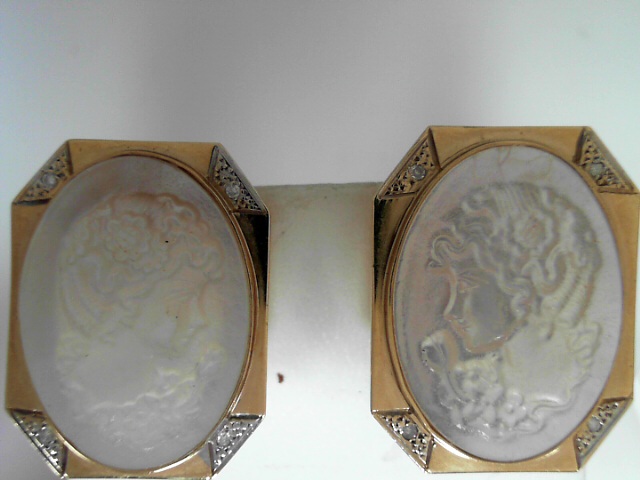 Estate  Yellow Gold 14 Karat Cameo Earrings With  Diamond accent  AS  IS