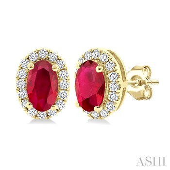 10 Karat Yellow Gold 5X3 Oval Ruby Single Cut Round Diamond Halo Earrings 0.14 Ct