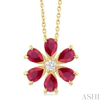 14 Karat Yellow Gold Floral Blossom 4X3 MM Pear Cut Ruby And 0.05 ct Round Cut Diamond Pendant
18 Inch Chain
