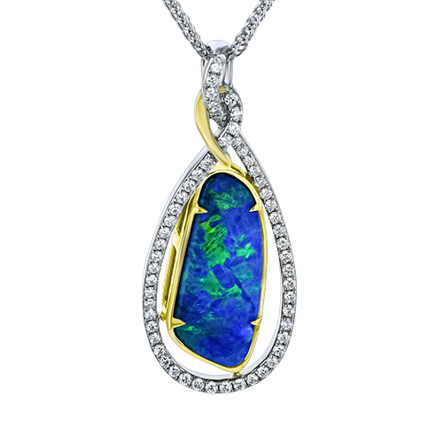 Simon G 18 Karat Yellow/White  Free-Form 5.70 Ct Opal And 0.44Tw Round Diamond Pendant  In Double Cable Chain 19 Inch