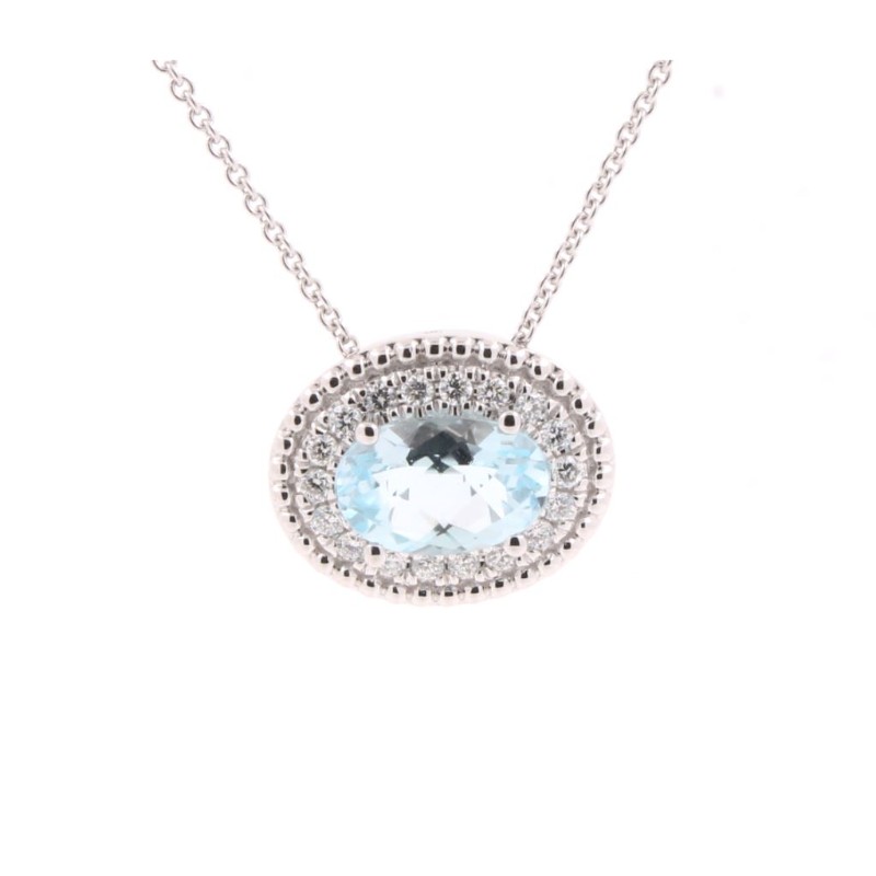 Charles Krypell 18 Karat  White Gold Halo Pendant  With One Oval Aquamarine 1.19Ct And 0.24Tw Round Diamonds
Length: 16