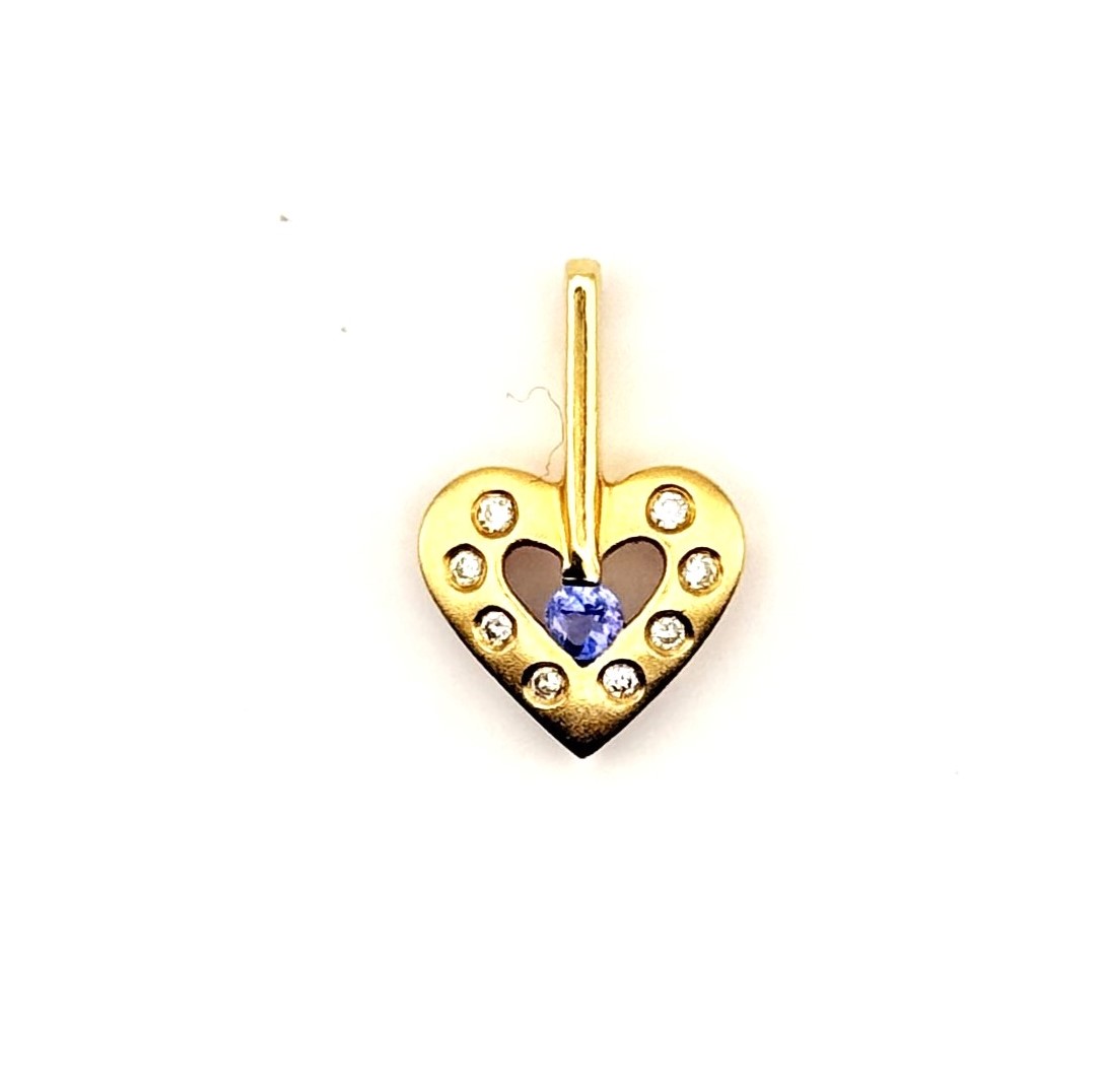 Estate14 Karat Yellow Gold Heart Pendant With One 3mm Round Tanzanite Burnished Set Round Diamonds (AS IS)