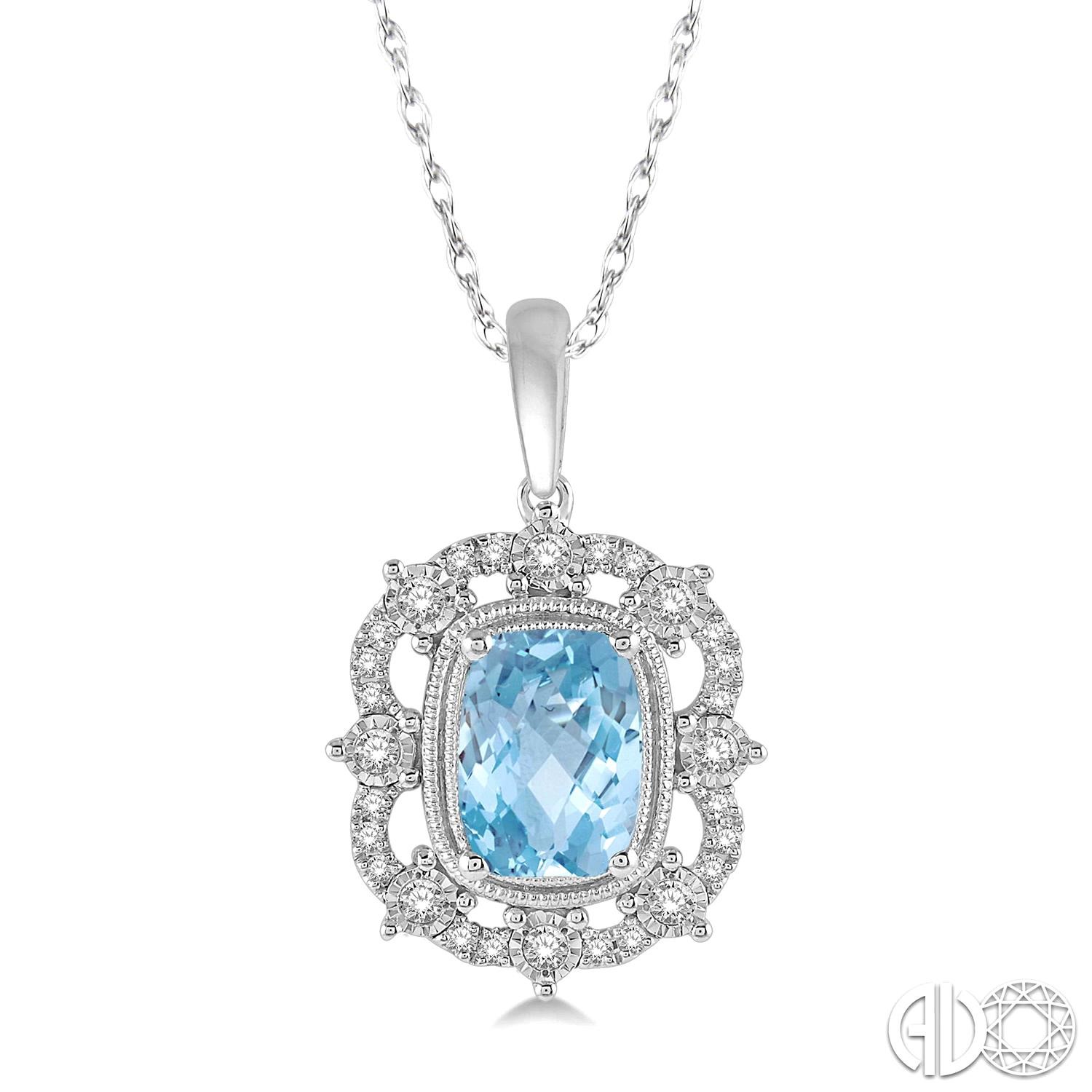 10 Karat White Gold  8 X6 mm Cushion Cut Aquamarine And 0.20 Ct Single Cut Diamond Pendant 
18 Inch