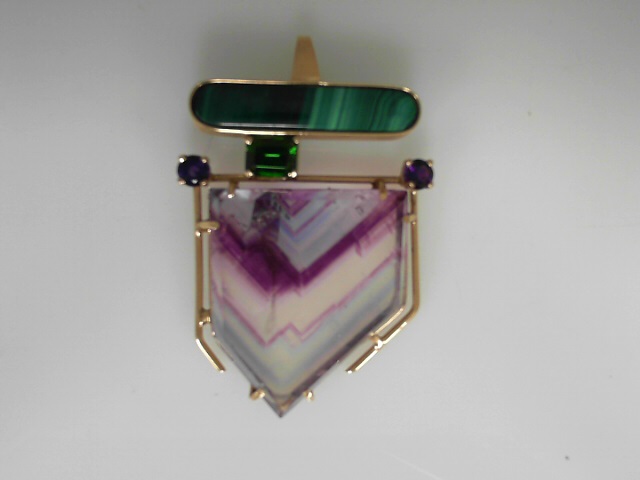 Estate 14 Karat Yellow Gold Fluorite, Malachite,  Emerald- Cut Diaopside and Round Amethyst