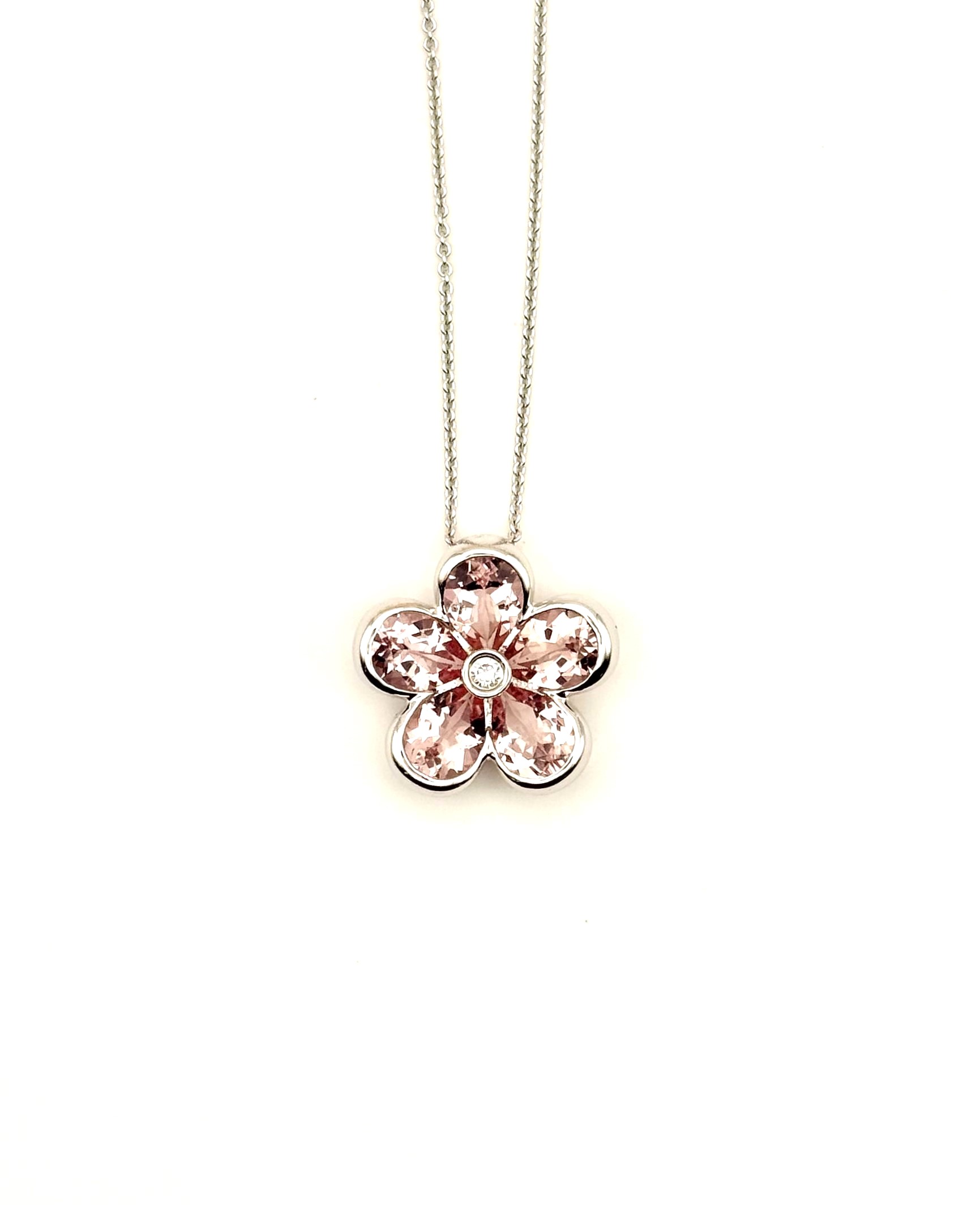 Charles Krypel 18 Karat White Gold  Flower Pendant With 5=4.43Tw Pear Morganites And One 0.05Ct Round F/G VS Diamond 
Length: 17.5