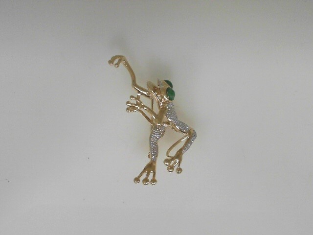 14 Karat Yellow Gold Pendant/Brooch With 6= Single Cut Diamonds And 2=4.00mm Cabochon Emeralds