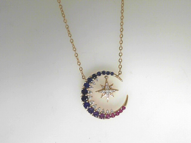 14 Karat Yellow Gold Crescent Moon With Star Pendant With 18=0.72Tw Muti-Color Round Sapphires And 24=0.19Tw Round Diamonds
Length: 16