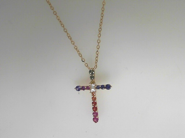 14 KaratYellow Gold Cross Pendant With 15=0.49Tw Muti-Color Round Sapphires And One 0.09Ct Baguette Diamond Length: adjustable 18