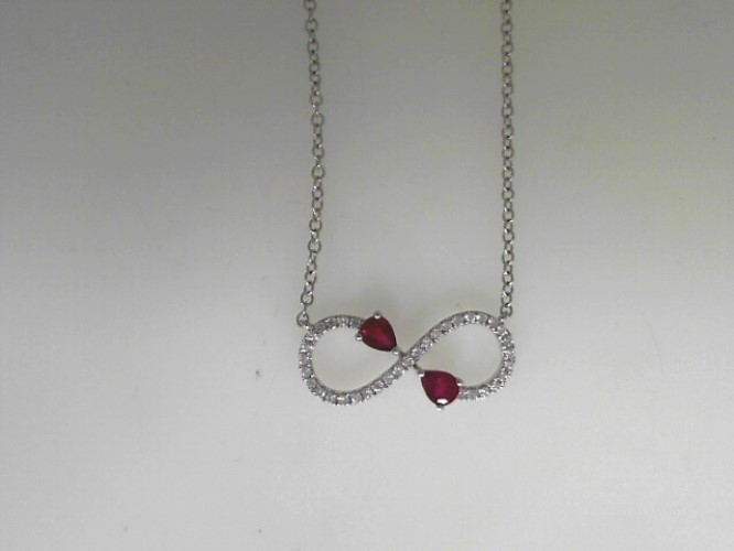 14 Karat White Gold Infinity Pendant With 2=0.43Tw Pear Ruby Gemstones And 35=0.17Tw Round Diamonds  
Length: 18