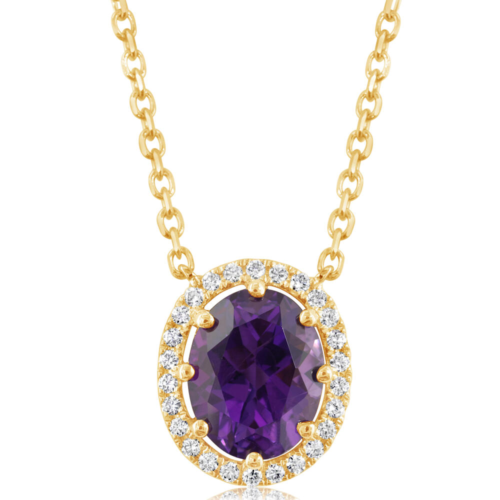 14 Karat Yellow Gold Halo Pendant With One 2.25Ct Oval Amethyst And 26=0.18Tw Round G/H Si1 Diamonds
Length: 18