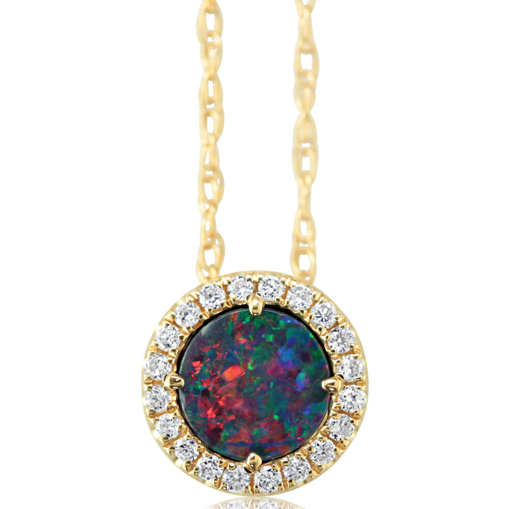 14 Karat Yellow Gold Australian Opal Doublet And 0.12Ct Diamond Pendant With 18 Inch