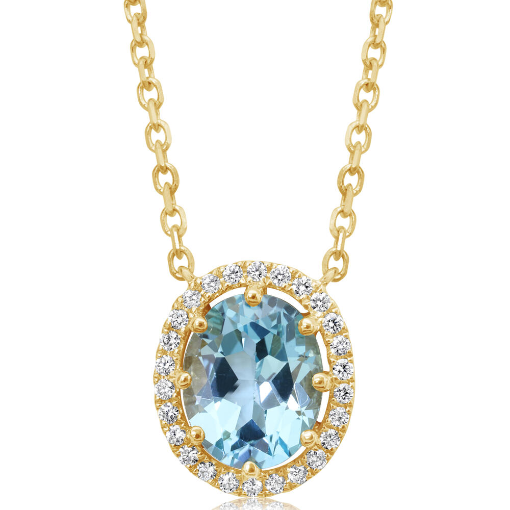 14 Karat Yellow Gold Halo Pendant With One 3.13Ct Oval Blue Topaz And 26=0.19Tw Round G/H Si1 Diamonds:
Length: 18