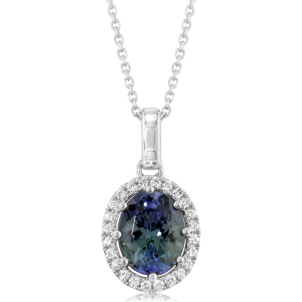 Platinum Halo Pendant With One 1.92Ct Oval (Peacock)Tanzanite And 24=0.17Tw Round F/G Vs2-Si1 Diamonds On  Platinum 18