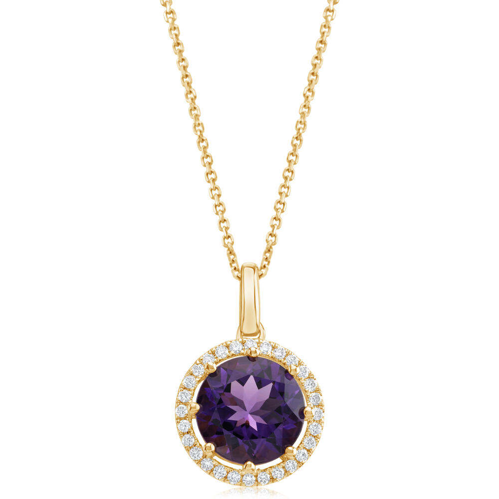 14 Karat Yellow Gold  Halo Pendant With One 3.43Ct Round Amethyst And 28=0.21Tw Round G/H Si1 Diamonds 
Length: 18