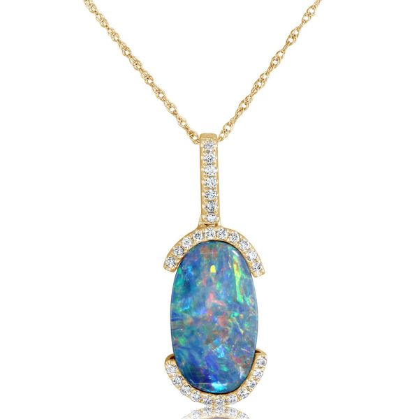 14 Karat Yellow Gold Pendant With One 2.94Ct Oval Australian Opal Doublet And 28= Round H/I SI2 Diamonds 
Length: 18