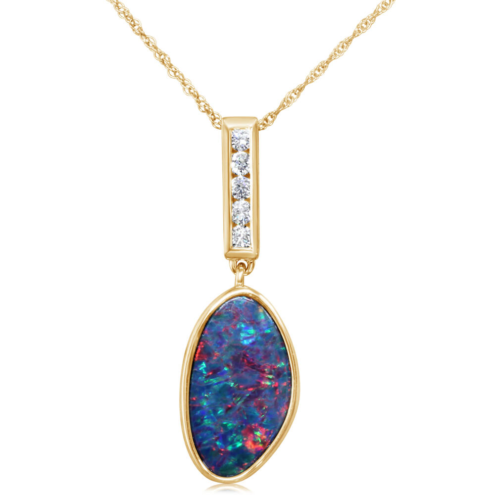 14 Karat Yellow Gold  Australian Opal Double Pendant With 5=0.13Tw Round H/I Si2 Diamonds
 Length: 18