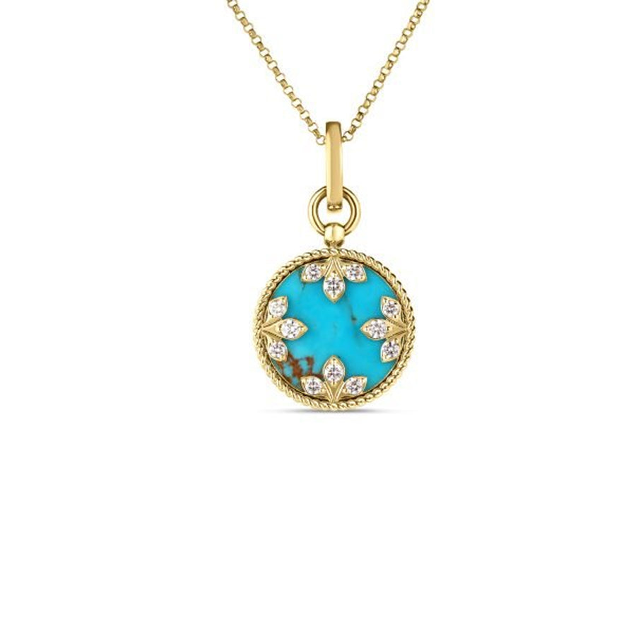 Roberto Coin Turquoise/Mother Of Pearl Reversable 0.05 ct Diamond Medallion Pendant 
18 inch