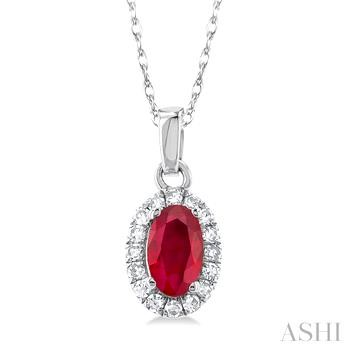 10 Karat White Gold 5X3 Ruby & Halo Single Cut Diamond Pendant 0.07 Ct
Length: 18 Inch