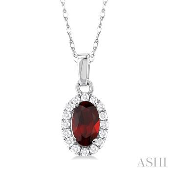 10 Karat White Gold 5X3 Garnet & Halo Single Cut Diamond Pendant 0.07 Ct
Length: 18 Inch