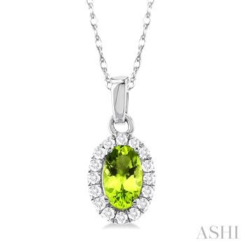 10 Karat White Gold 5X3 Peridot & Halo Single Cut Diamond Pendant 0.07 Ct
Length: 18 Inch
