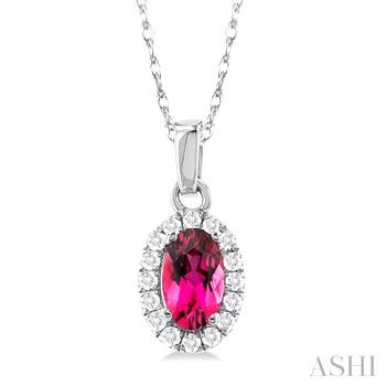 10 Karat White Gold 5X3 Pink Tourmaline & Halo Single Cut Diamond Pendant 0.07 Ct
Length: 18 Inch