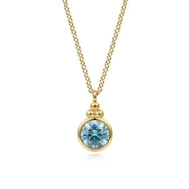 Gabriel & Co 14 Karat Yellow Gold Blue Topaz Bujukan Drop Pendant Necklace 0.95Tw