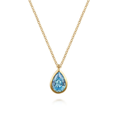 Gabriel & Co 14 Karat Yellow Gold Teardrop Blue Topaz Pendant Necklace 1.60Tw