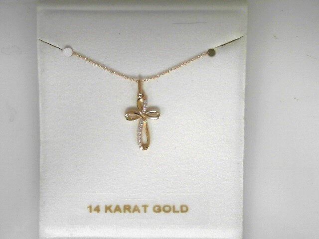 14 Karat Yellow Gold Cross Pendant With 12= Round Cubic Zirconiums Length: 18