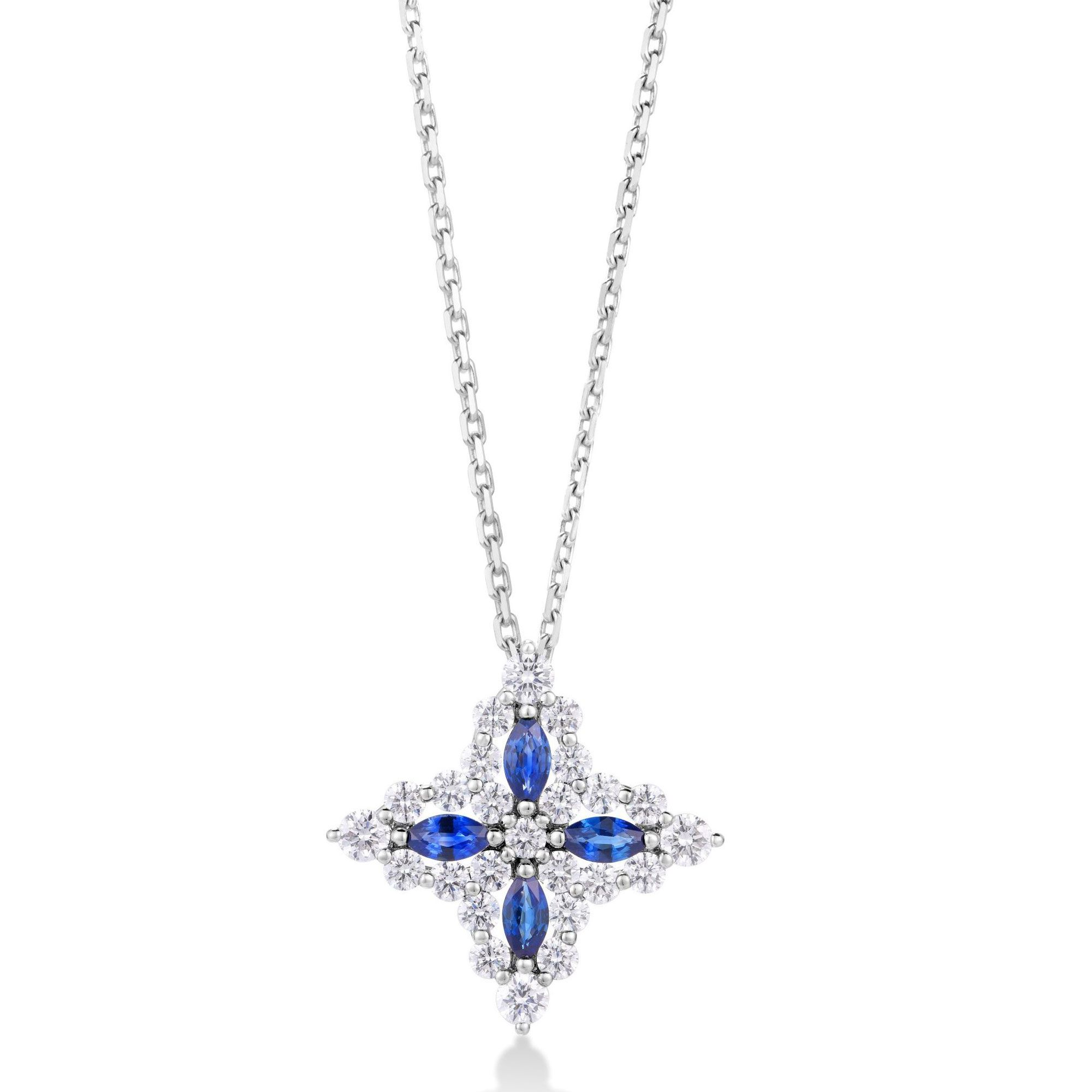 Roberto Coin 18 Karat White Gold Venetian Princess Diamond & Blue Sapphire Large Flower Necklace
18 inch diamond cut cable link