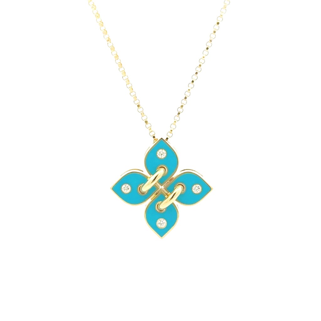 Roberto Coin 18 Karat Yellow Gold Venetian Princess Filo Turquoise Enamel 0.10 ct Diamond Pendant 
18 Inch