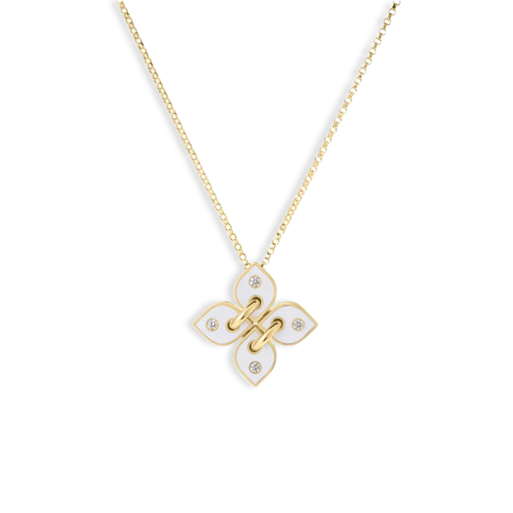 Roberto Coin 18 Karat Yellow Gold Venetian Princess Filo White Enamel 0.10 ct Diamond Pendant 
18 Inch