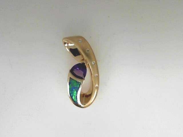 Estate 14 Karat Yellow Gold Brushed & Polished Slide Pendant With One Trillion Amethyst Inlaid opal And 5 Burnished Set Round White Diamonds (AS IS)
Length: no chain