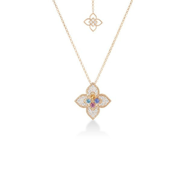 18 Karat Rose Gold Venetian Princess Carnival Pave 0.47 ct Diamond & Mixed Stones Flower Long Necklace