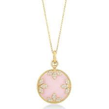 Roberto Coin 18 Karat Yellow Gold Venetian Medallion Small Diamond 0.05 Ct And Pink Opal/Mother Of Pearl Reversable Pendant
17 Inch