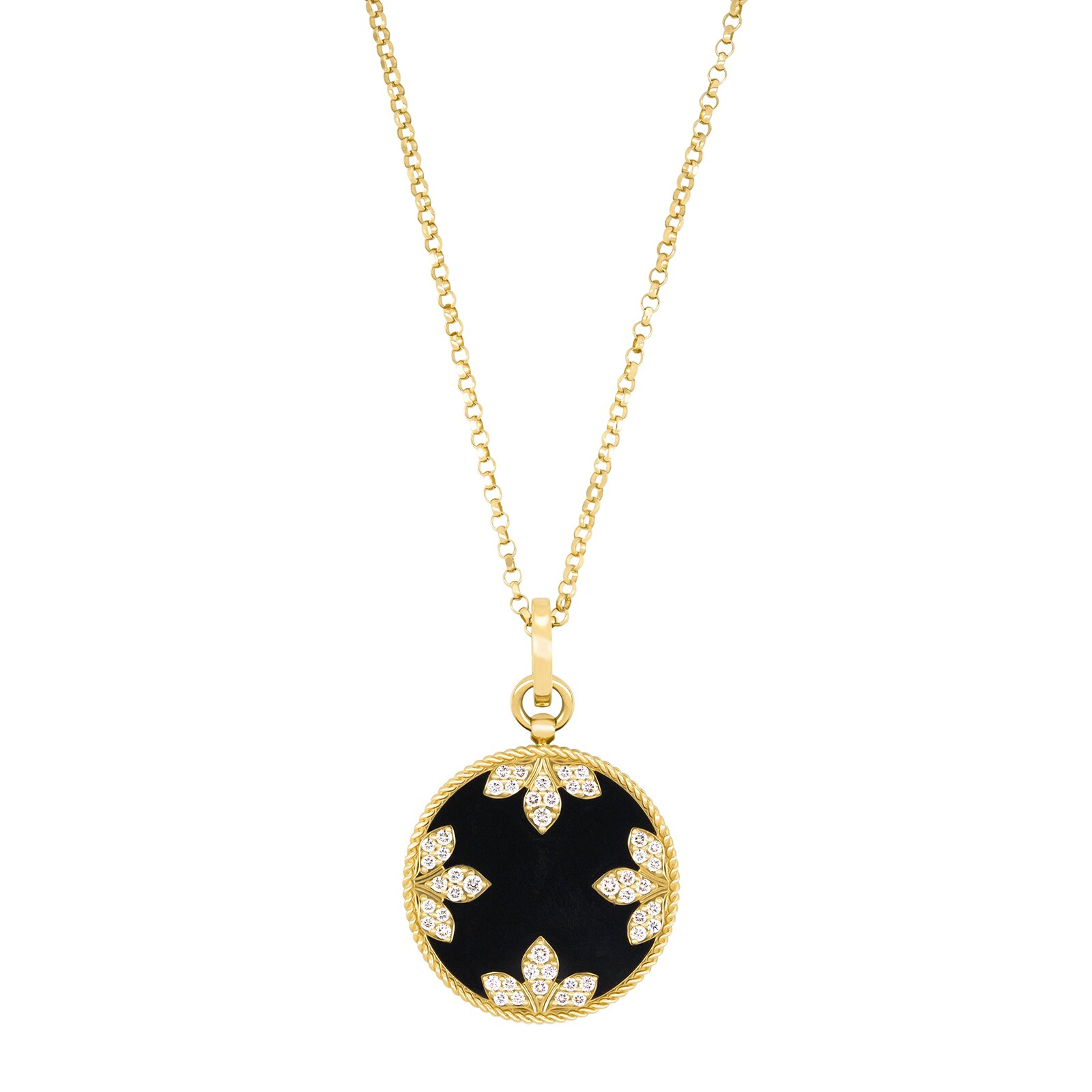 Roberto Coin 18 Karat Yellow Gold Black Jade, Mother Of Pearl And Diamond Medallion Pendant 0.05 ct 
18 inch