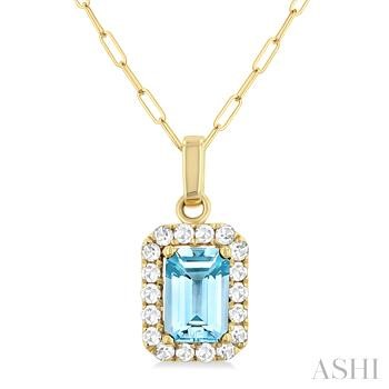 10 Karat Yellow Gold 6 X 4 Emerald Cut Aquamarine And 0.15 ct Diamond Halo Pendant 
18 inch petite paperclip