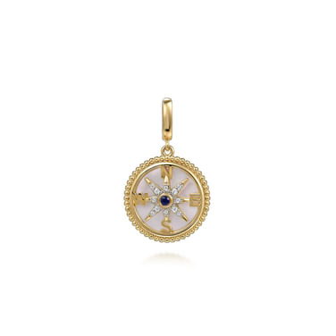 Gabriel & Co 14 Karat Yellow Gold 18mm Bujukan Diamond Compass Mother of Pearl Medallion Pendant wiith 0.04 sapphire and 0.07 ct diamond
