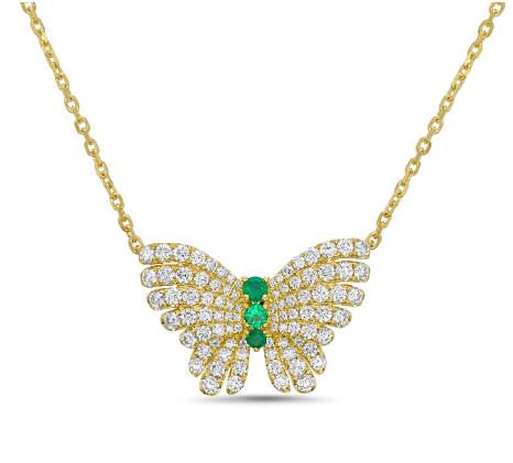 Charles Krypell 18 Karat Yellow Gold Monarch Butterfly Pendant With Round Cut Emeralds And Round Brilliant Cut Diamond 1.36Ct Length: 18 Inches