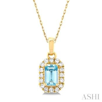 10 Karat Yellow Gold 5X3 mm Emerald Cut Aquamarine Single Cut Round Diamond Halo Pendant 0.06 ct
18