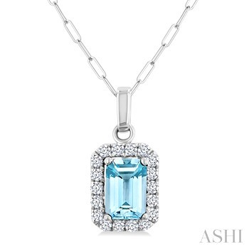 10 Karat White Gold 6 X 4 Emerald Cut Aquamarine And 0.15 ct Diamond Halo Pendant 
18 inch petite paperclip