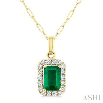 10 Karat Yellow Gold 6 X 4 Emerald Cut Aquamarine And 0.15 ct Diamond Halo Pendant 
18 inch petite paperclip