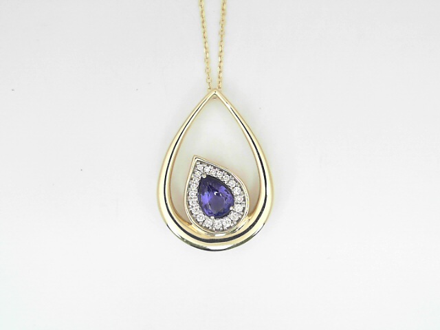 14 Karat Yellow Gold 0.69 Cts Pear Shape Sapphire And 0.14 Cts Round Brilliant Cut Diamond Pendant 
Length: 18 ''