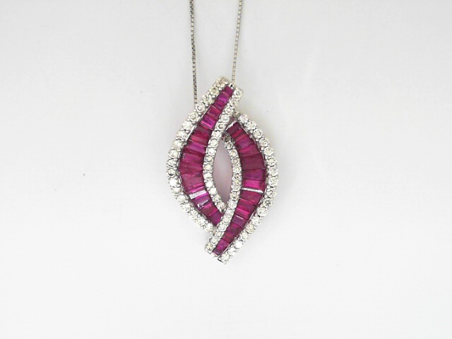14 Karat White Gold 2.14 Cts Baguette Cut Ruby And 0.74 Cts Round Brilliant Cut Diamonds Pendant 
Length: 18 Inch