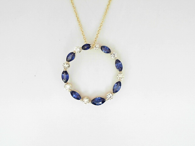 14 Karat Yellow Gold Round Brilliant Cut Diamond 0.4 Cts And Marquise Shape Sapphire 1.43 Cts Circle Pendant 
Length: 18 Inch